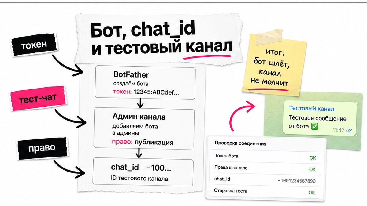 Схема шагов: BotFather, права админа канала и chat_id тестового чата