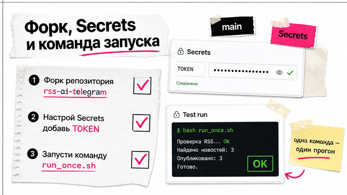 Чеклист: форк rss-ai-telegram, Secrets с токеном и команда run_once.sh