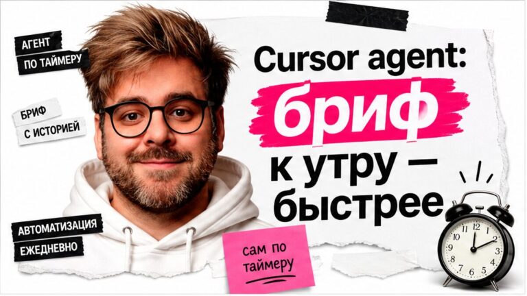 Ведущий в белом худи с будильником и карточкой утреннего брифа: Cursor agent быстрее без ручного чата