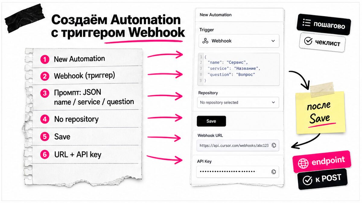 Чеклист создания Automation: Webhook, промпт, Save, URL и API key