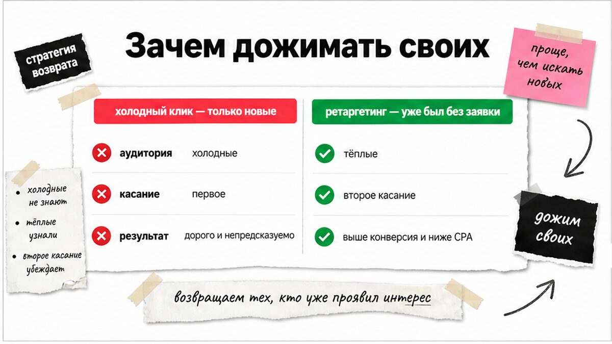 Сравнение: холодные клики против ретаргетинга тёплых без заявки