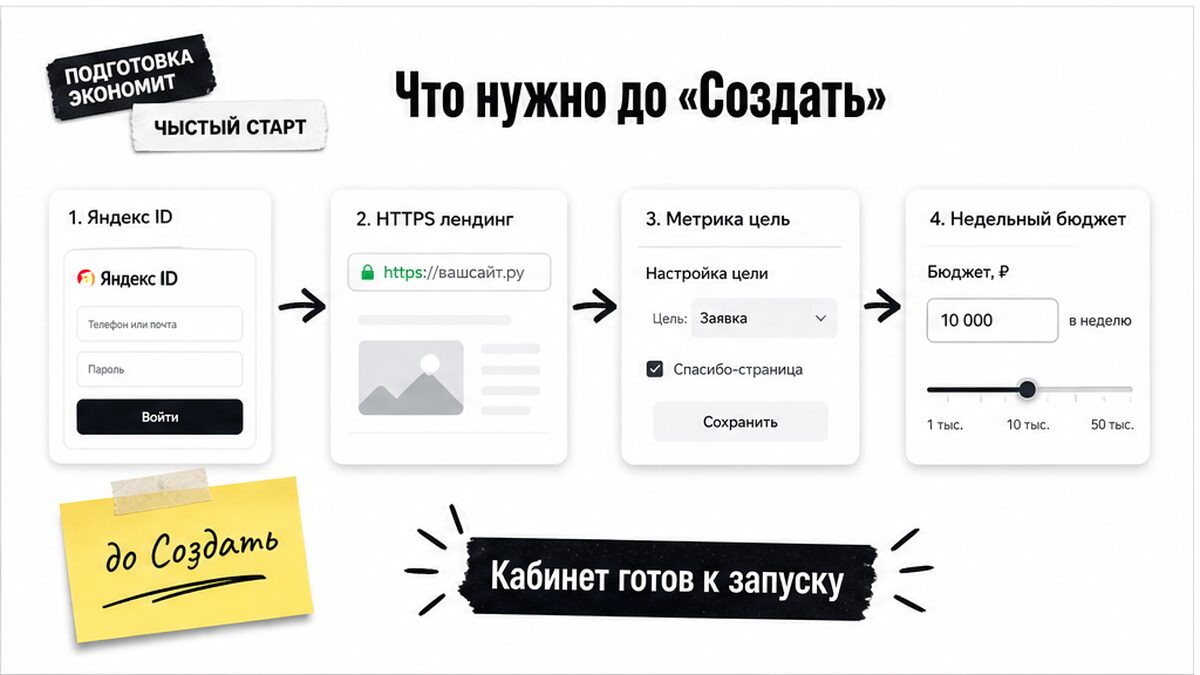 Схема подготовки: ID, HTTPS-лендинг, цель Метрики и недельный бюджет