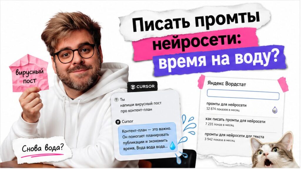 Обложка: промты для нейросети — время уходит на воду вместо черновика