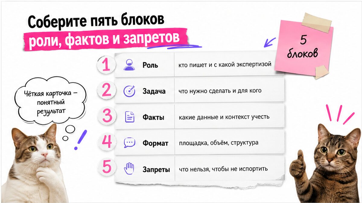 Инфографика пяти блоков промта: роль, задача, факты, формат, запреты