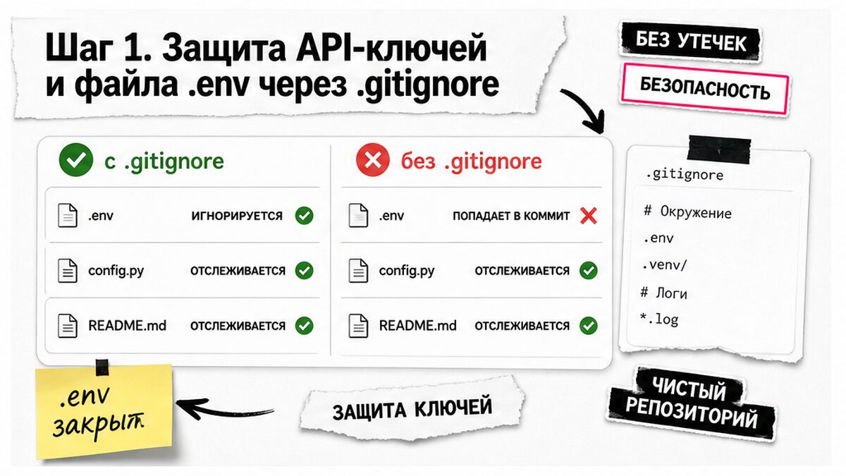 Таблица сравнения безопасности API-ключей с файлом .gitignore и без него