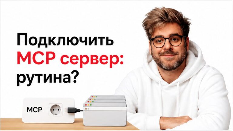 Ведущий в белом худи у схемы MCP-розетки: надпись «Подключить MCP сервер: рутина?»