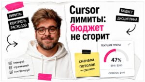 Ведущий в белом худи рядом с крошечной карточкой Spending: надпись Cursor лимиты — бюджет не сгорит