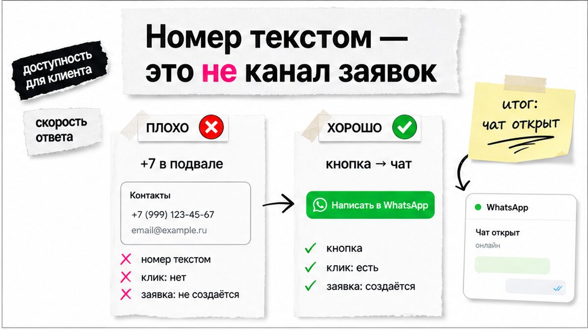 Сравнение: номер текстом в подвале против кнопки, открывающей чат WhatsApp