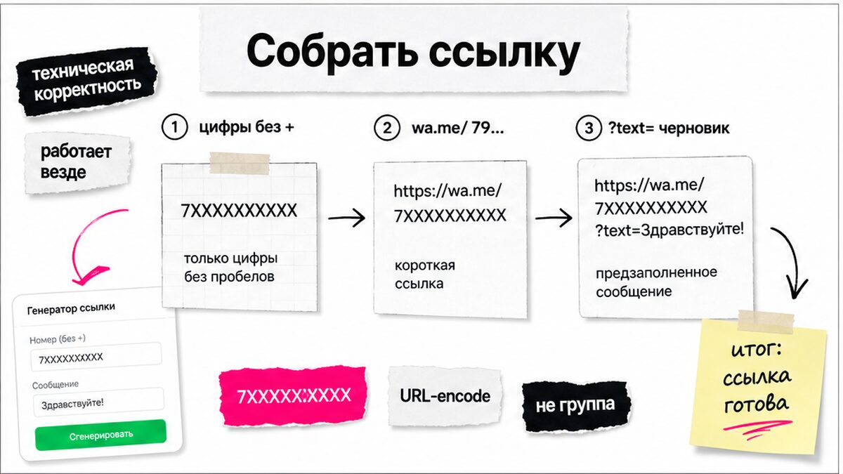 Схема сборки ссылки wa.me из номера и параметра text