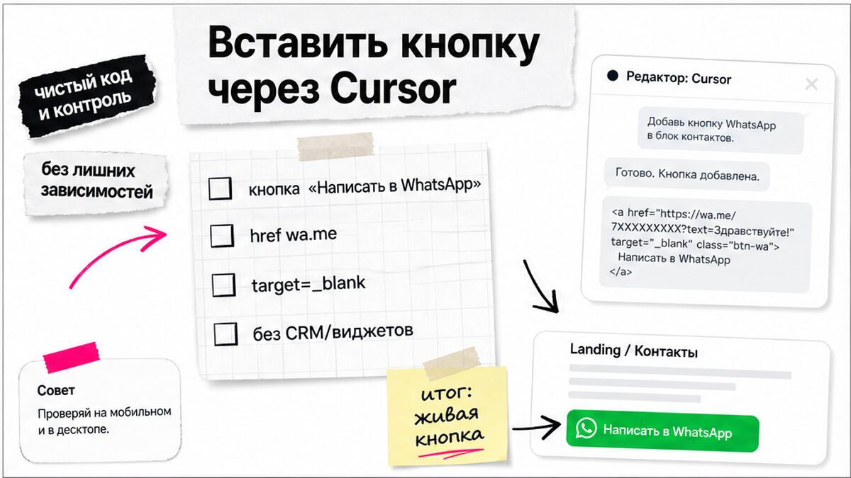 Чеклист вставки кнопки WhatsApp на лендинг через Cursor