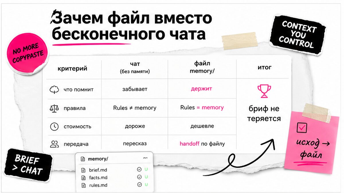 Сравнение: бесконечный чат забывает бриф против файла memory/