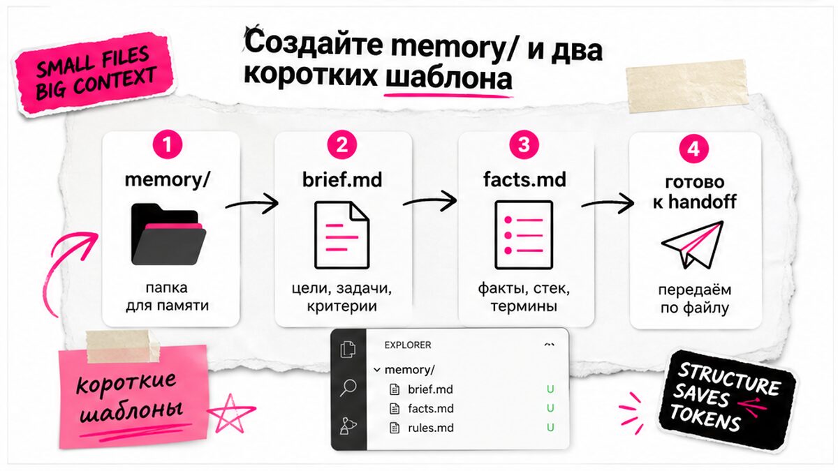 Workflow: создать memory/, brief.md и facts.md для handoff