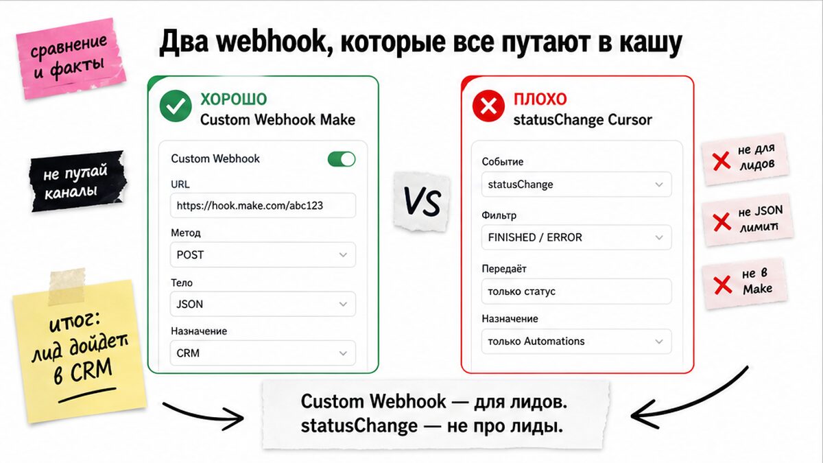 Сравнение: Custom Webhook Make несёт лид, statusChange Cursor — только статус агента