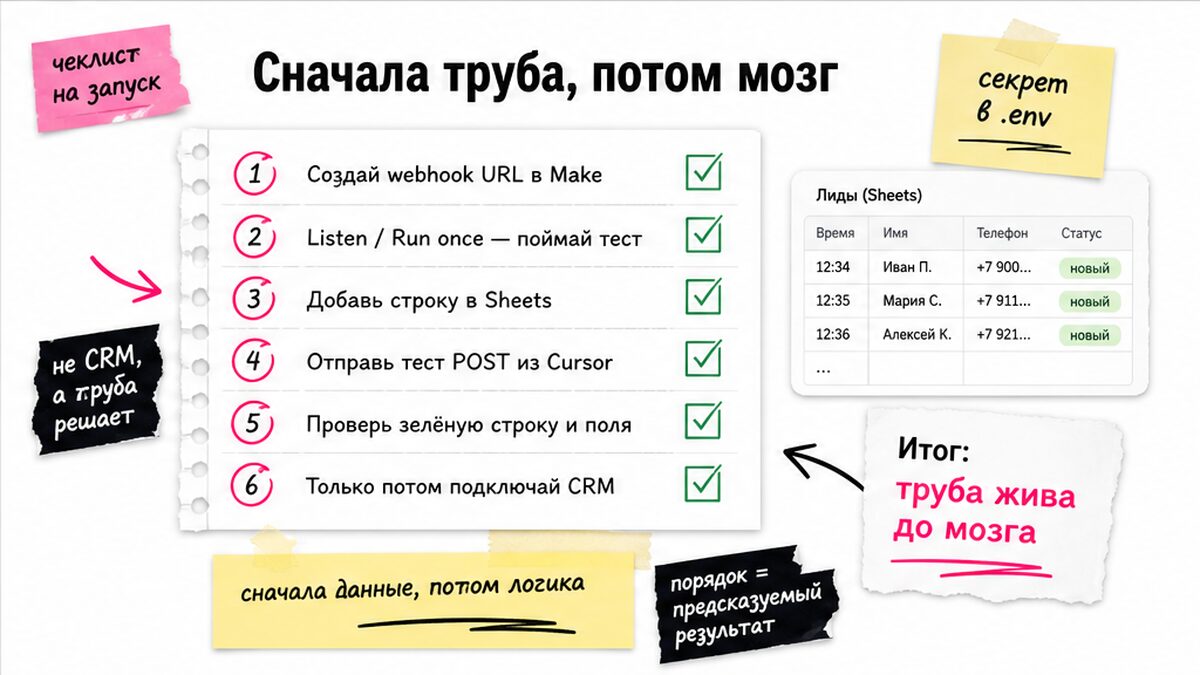 Чеклист настройки Make: webhook, Listen, строка в Sheets, затем модуль CRM