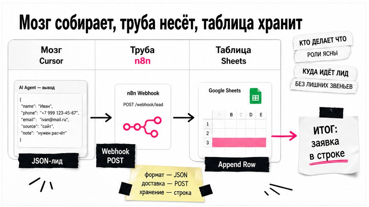 Сравнение ролей: Cursor собирает поля, n8n принимает webhook, Sheets хранит строку лида