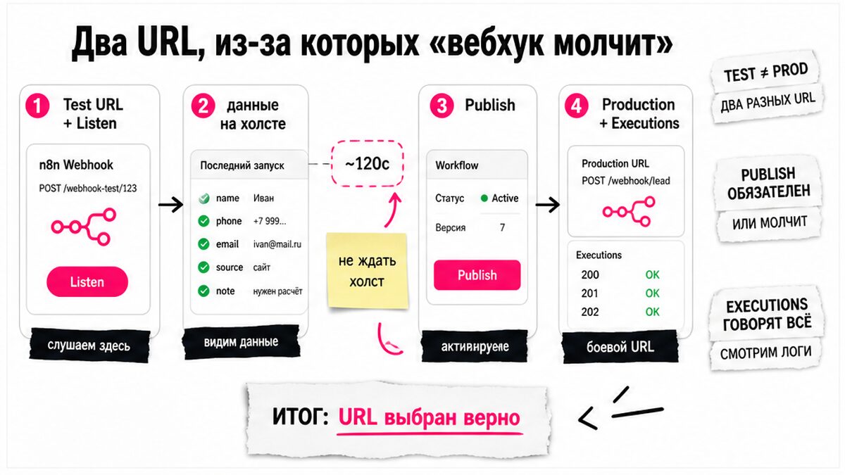 Схема Test и Production URL webhook n8n: Listen на холсте, Executions после publish
