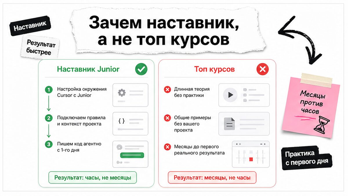 Сравнение: наставник Junior даёт сценарий и шаги внутри Cursor против топа курсов на месяцы
