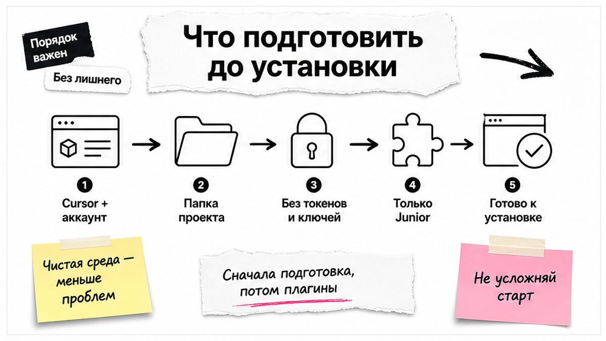 Схема подготовки: Cursor, проект, без секретов в чате, один наставник без роя плагинов