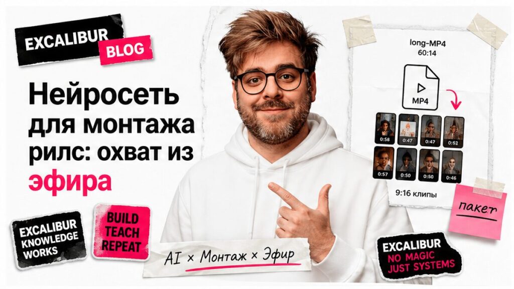 Хост в белом худи рядом со стопкой вертикальных клипов из длинного эфира; hook про охват