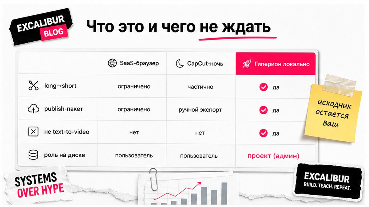 Сравнение: SaaS, CapCut и локальный Гиперион — что даёт publish-пакет