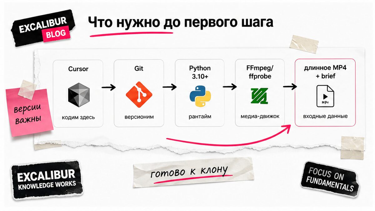 Схема prerequisites: Cursor, Git, Python, FFmpeg, MP4 и бриф до установки