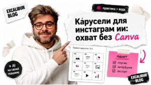 Хост в белом худи держит сетку 3×3 карусели; hook про охват без Canva