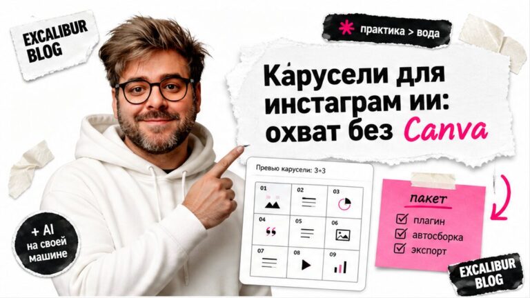 Хост в белом худи держит сетку 3×3 карусели; hook про охват без Canva