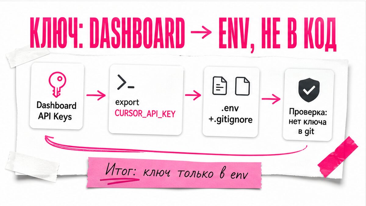 Схема: ключ из Dashboard в env, не в код и не в git