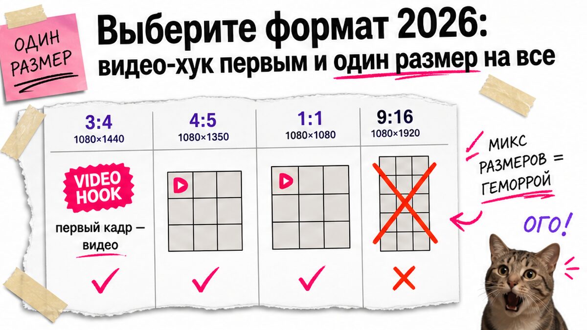 Таблица сравнения форматов карусели Instagram 3:4, 4:5, 1:1 и запрет смеси с 9:16