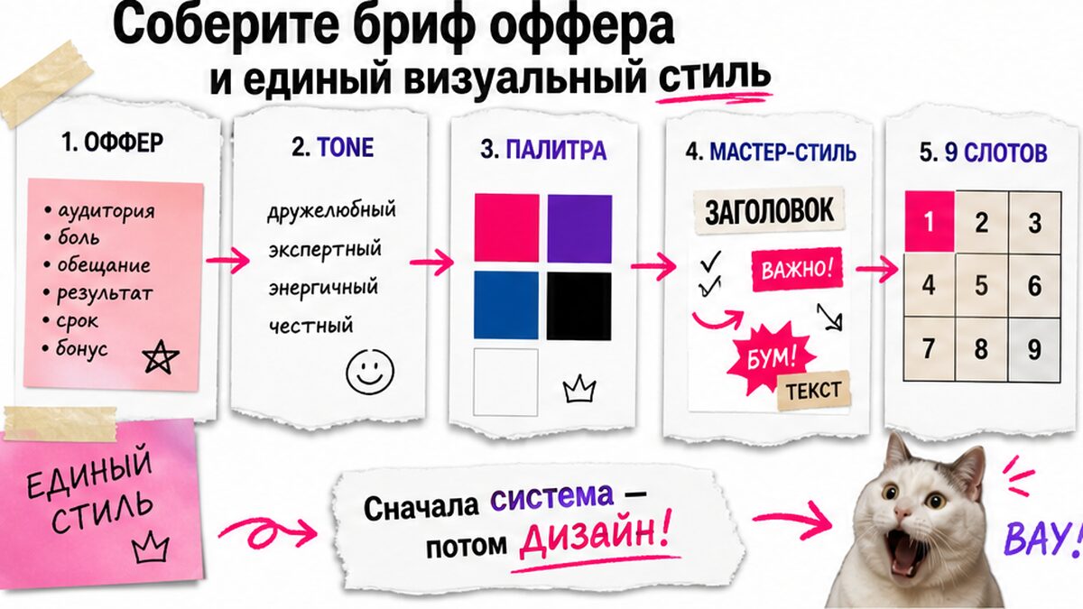 Схема брифа оффера и единого визуального стиля для карусели из 9 кадров