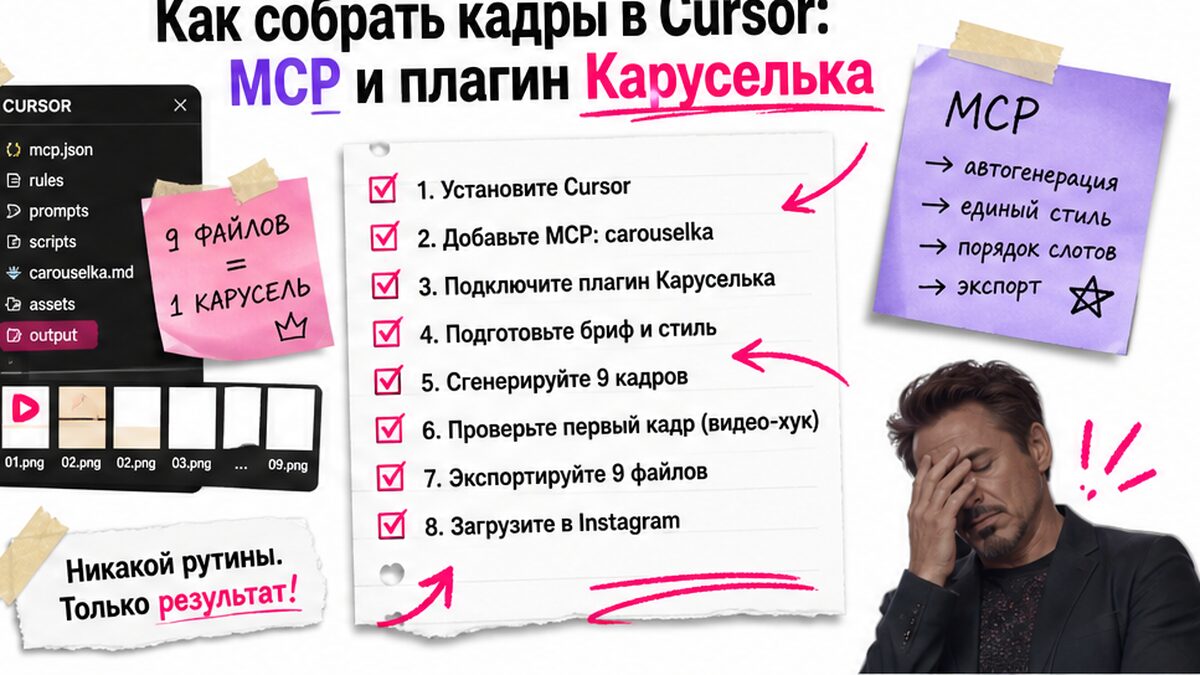 Чеклист сборки кадров карусели в Cursor через MCP и плагин Каруселька
