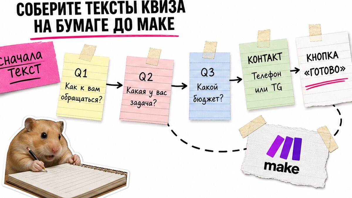 Схема: тексты вопросов квиза на бумаге до сборки сценария Make