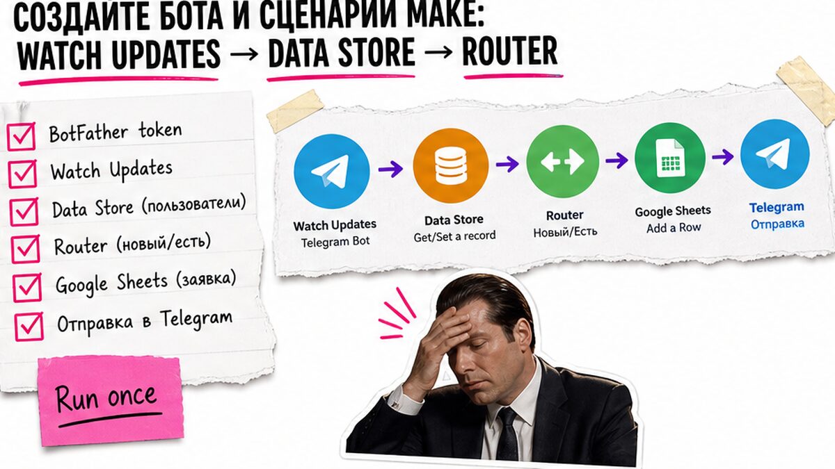 Чеклист сценария Make: Watch Updates, Data Store, Router для квиз-бота