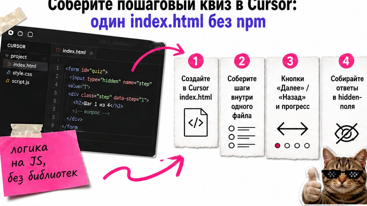 Схема сборки пошагового квиза в Cursor: один index.html без npm