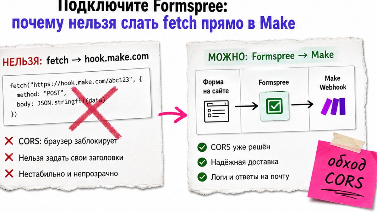 Чеклист подключения Formspree вместо прямого fetch в Make из-за CORS