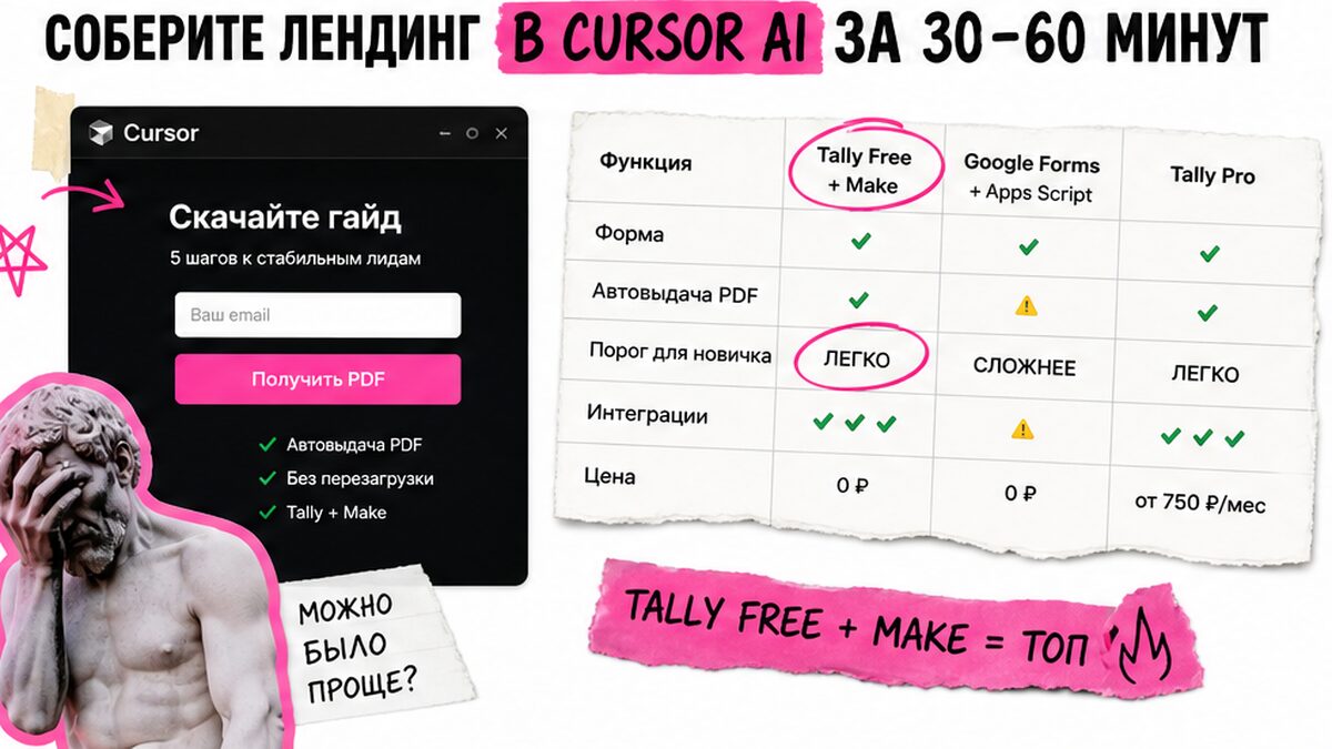 Таблица сравнения инструментов лид-магнита и мокап лендинга в Cursor AI