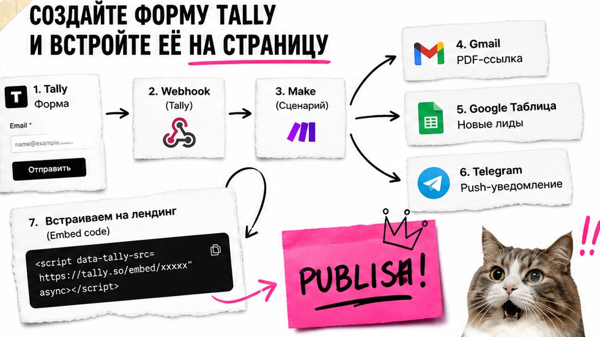 Схема воронки: форма Tally, webhook в Make и автовыдача PDF на email