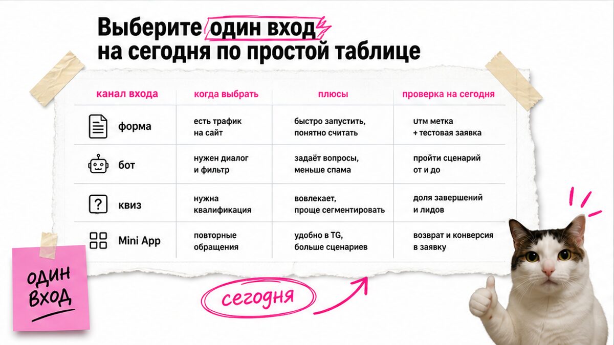 Таблица выбора одного входа заявок: форма, бот, квиз или Mini App