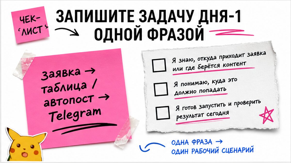 Чеклист дня-1: одна фраза задачи на стикере перед выбором Make или n8n