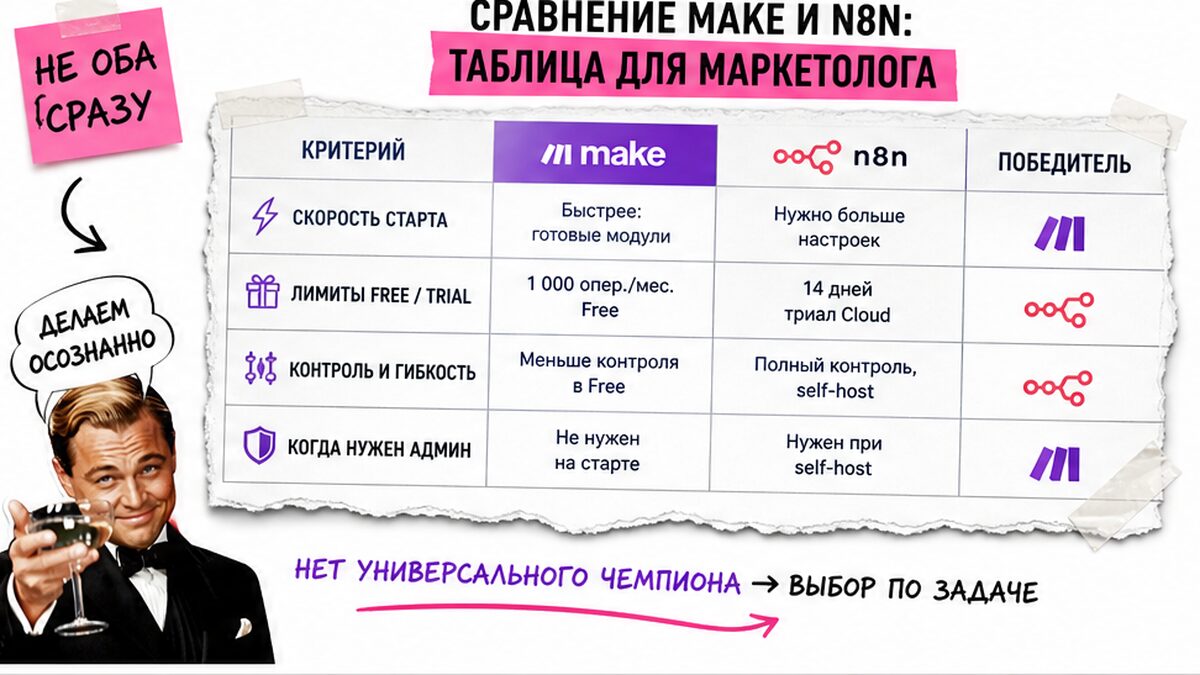 Таблица сравнения Make и n8n для маркетолога: критерии старта и лимитов