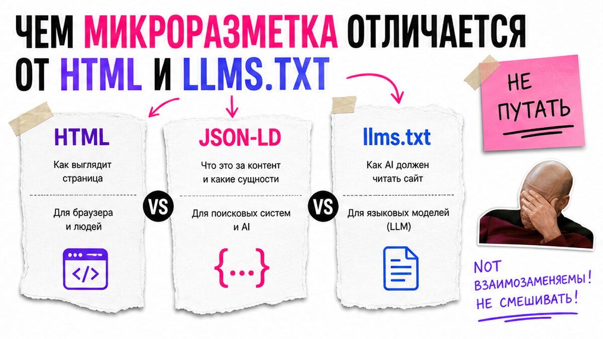 Сравнение: HTML, JSON-LD микроразметка и llms.txt на рваных карточках