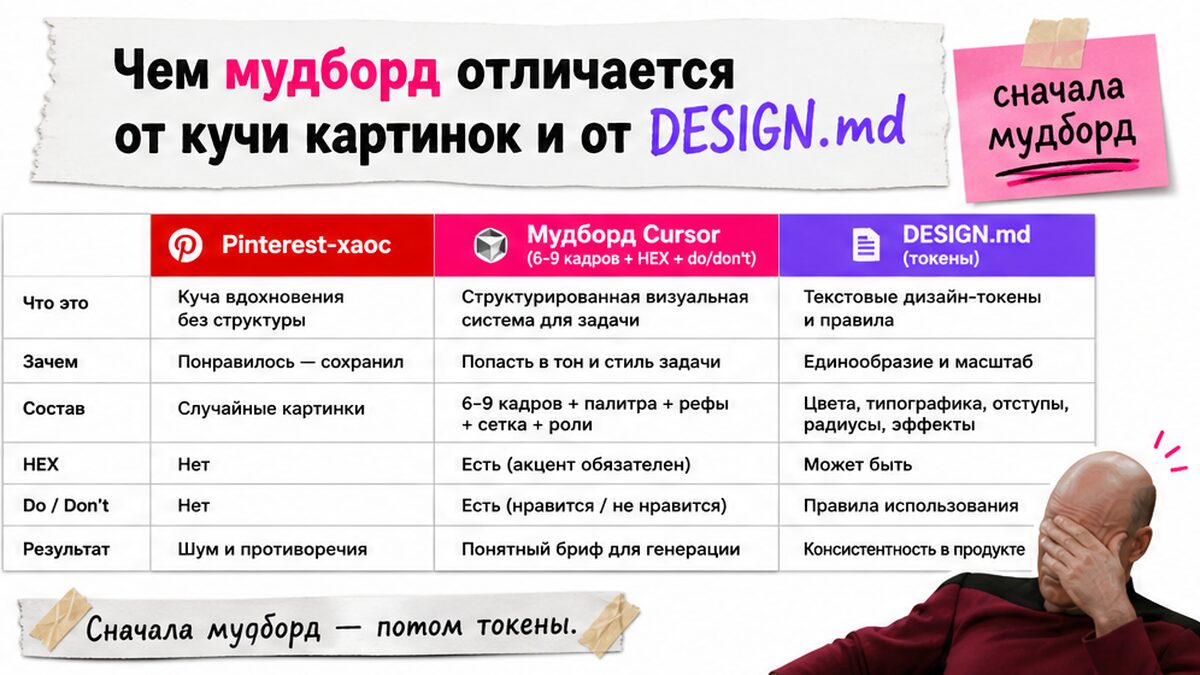 Сравнение: Pinterest-коллаж vs мудборд в Cursor vs DESIGN.md