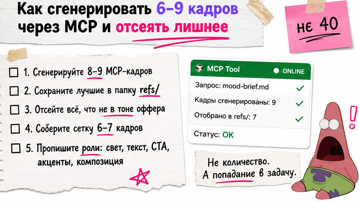 Чеклист генерации и отсева 6–9 MCP-кадров для мудборда