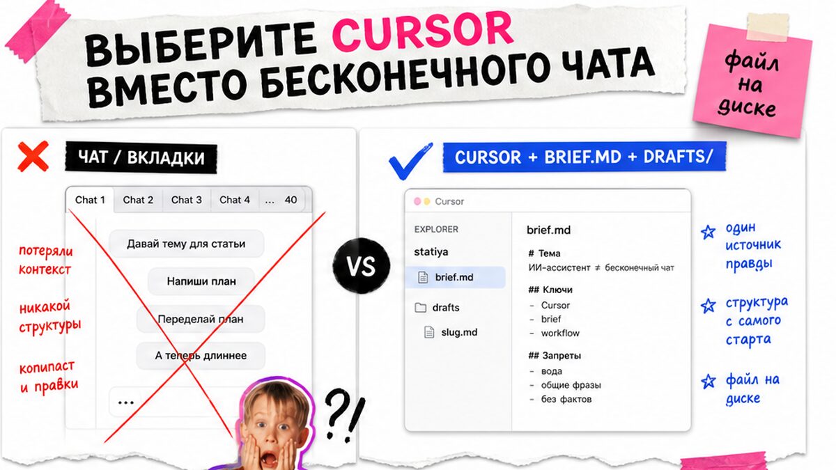 Сравнение: бесконечный чат против Cursor с файлами brief и drafts