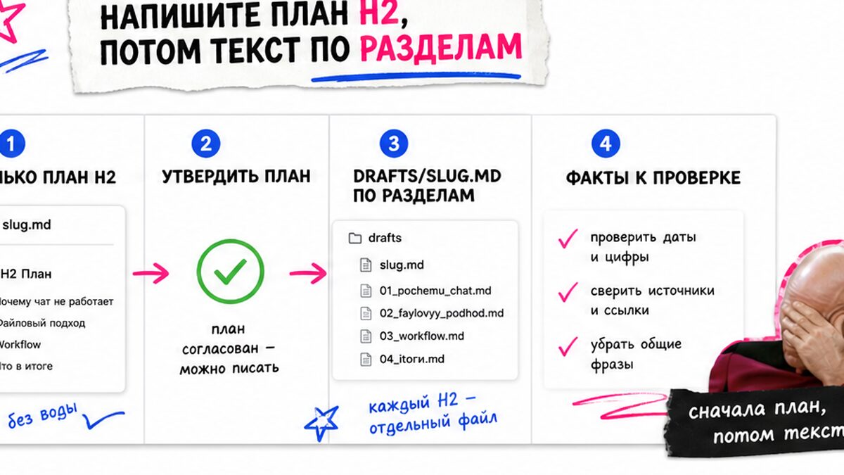 Чеклист: план H2, затем текст по разделам в drafts