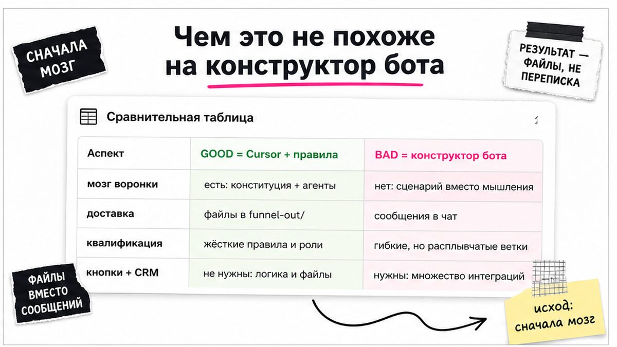Сравнение: Cursor с правилами против конструктора бота — мозг воронки vs доставка