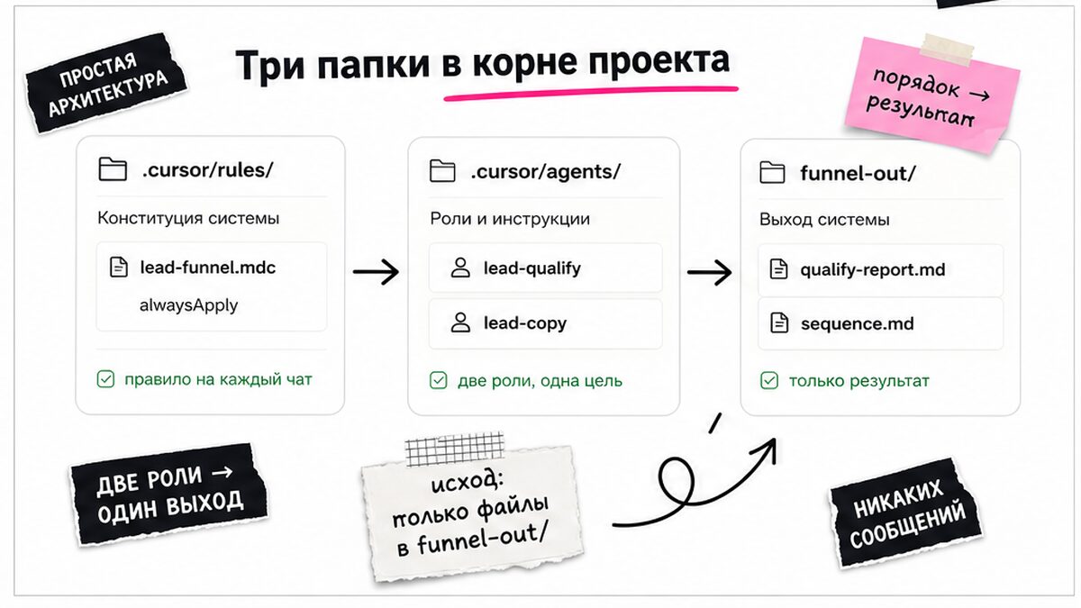 Схема трёх папок проекта: rules, agents и funnel-out