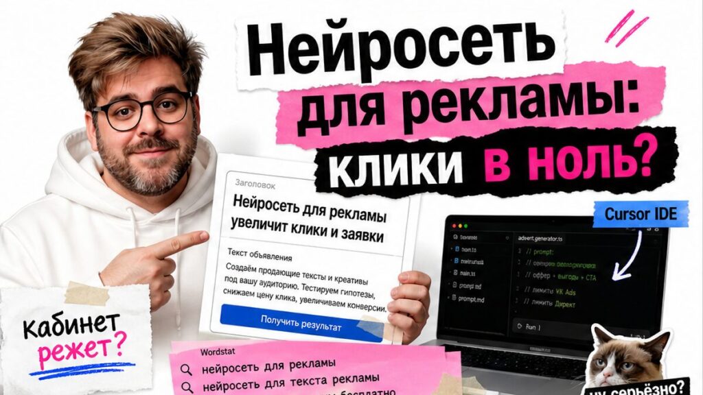 Обложка: нейросеть для рекламы — макет объявления и Cursor, клики в ноль