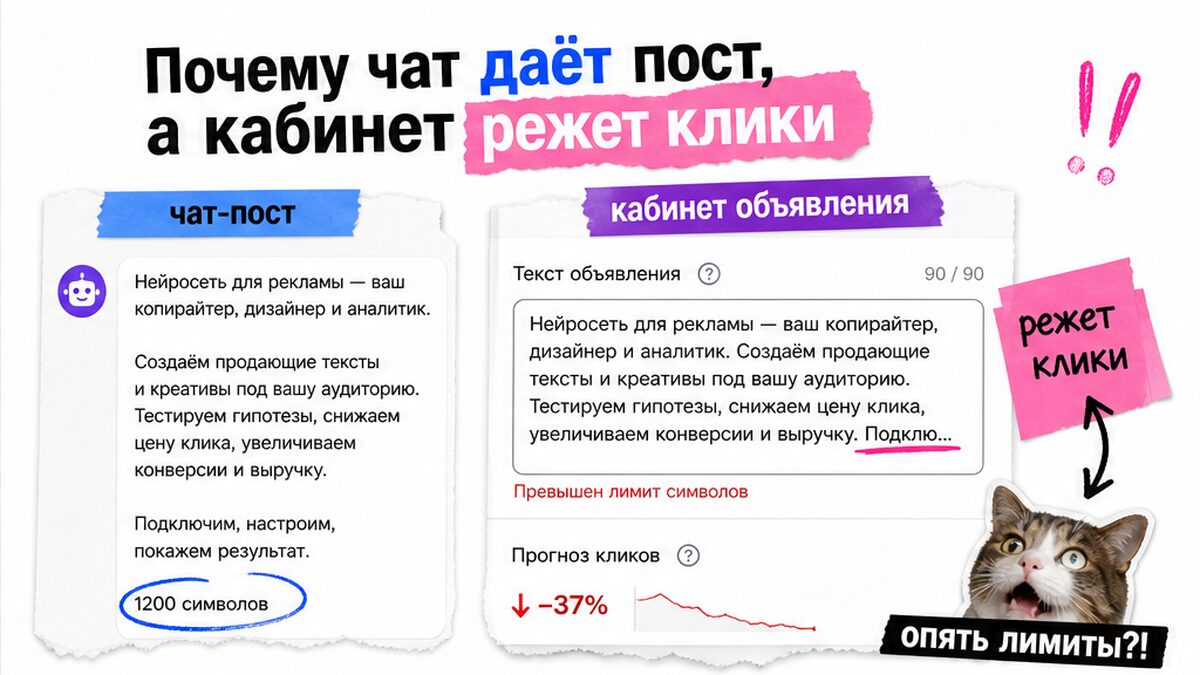Сравнение: длинный пост из чата против объявления с лимитами — клики режет кабинет