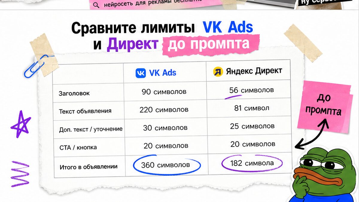 Таблица лимитов символов VK Ads и Яндекс Директ до промпта